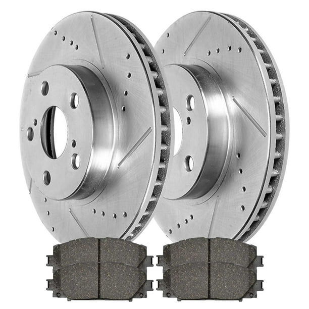 AutoShack Front Drilled Slotted Brake Rotors Silver and Ceramic Pads