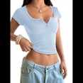 thumbnail image 3 of Camisetas de Corta de Verano 2025 para Mujer, con Cuello Henley Acanalado y Botones, Corte Entallado, Básicas e Informales. Azul XL, 3 of 8