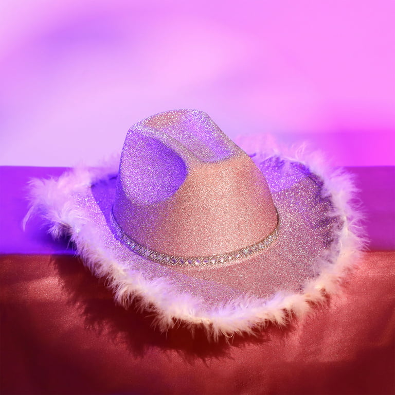 DCOOLMOOGL Glitters Cowboy Hats for Women Men Fluffy Feather Cowgirl Hat Felt Wide Brim Western Party Halloween Dress Up Carnival Hat, Adult Unisex