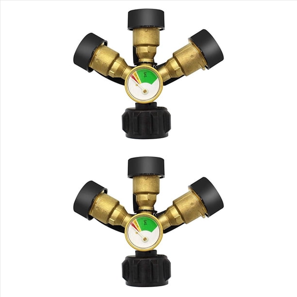 2X Divisor de Propano de 3 VíAs con ManóMetro y VáLvula de , Divisor de Gas Propano de 3 Y, Adaptador de ManóMetro en para Tanque de Gas Propano LP