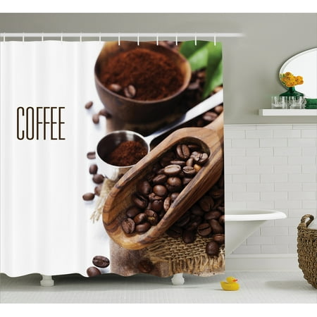 Coffee Shower Curtain, Bean and Ground Plants Filter Coffee Equipment Caffeine Addiction and Tropic Taste, Fabric Bathroom Set with Hooks, 69W X 70L Inches, Brown Green, by