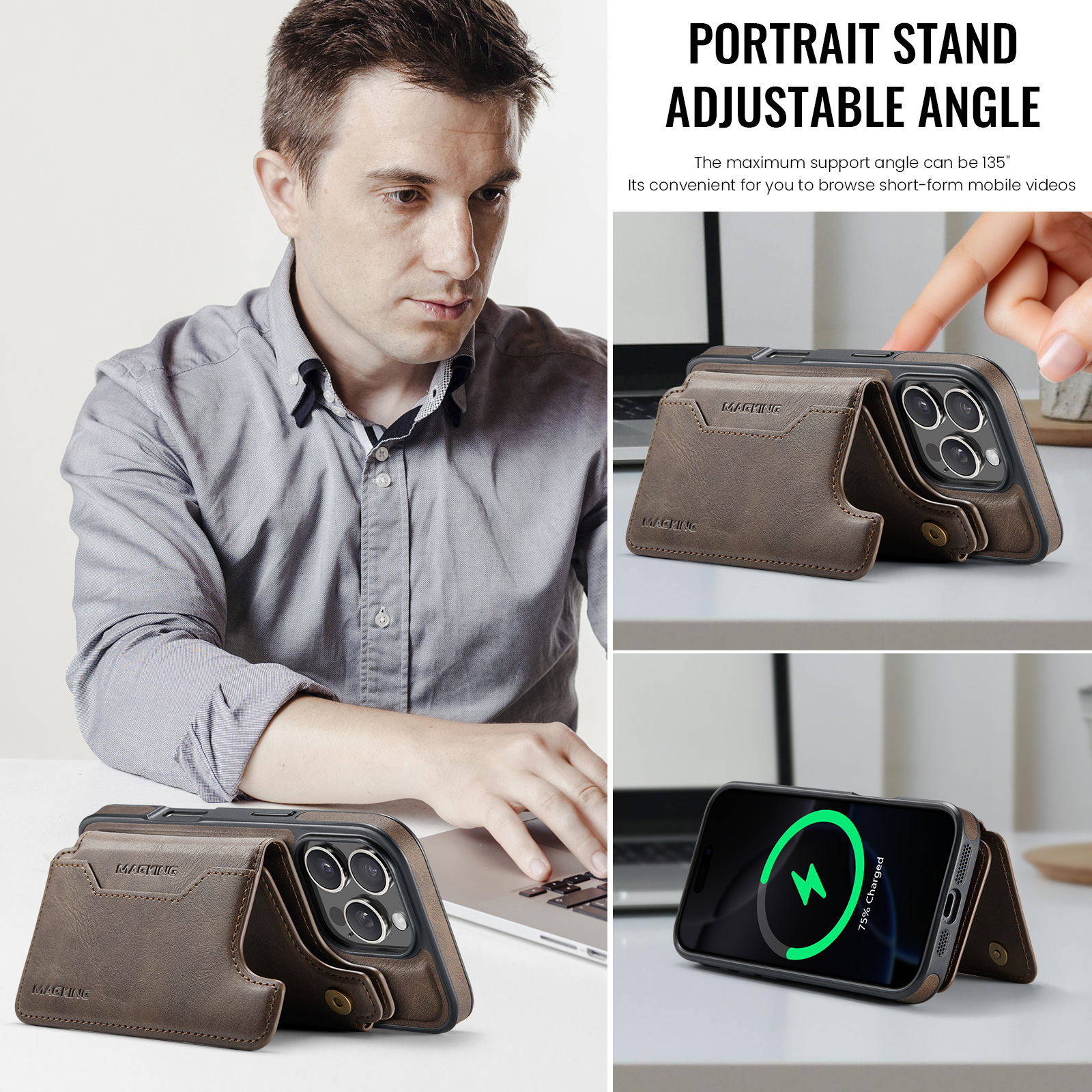 Designed for iPhone 16 Pro Max Wallet Phone Case,Magnetic Detachable Flip Card Holder,Back Flip Kickstand,Compatible with Mag-Safe,2-in-1 PU Leather Heavy Duty Shockproof Phone Case,Coffee