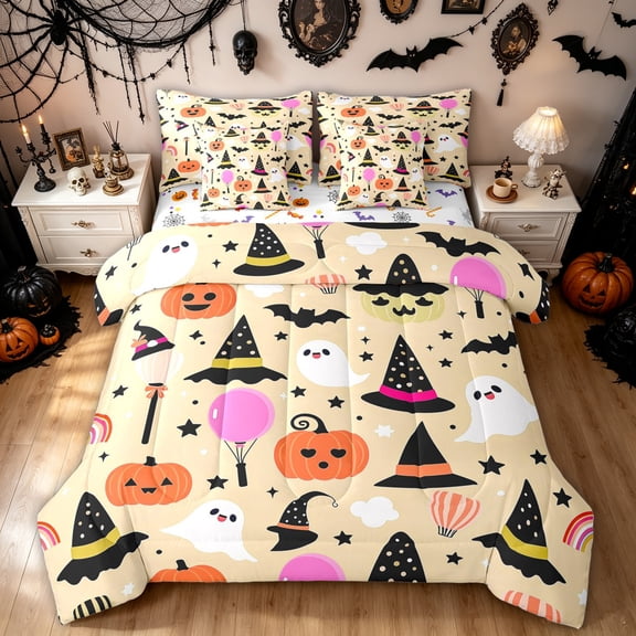 Feelyou Cartoon Ghost Witch Hat Twin Bedding, Cute Pumpkin Bat Bedding Comforter Set, Beige, Halloween Reversible, 7 Pieces