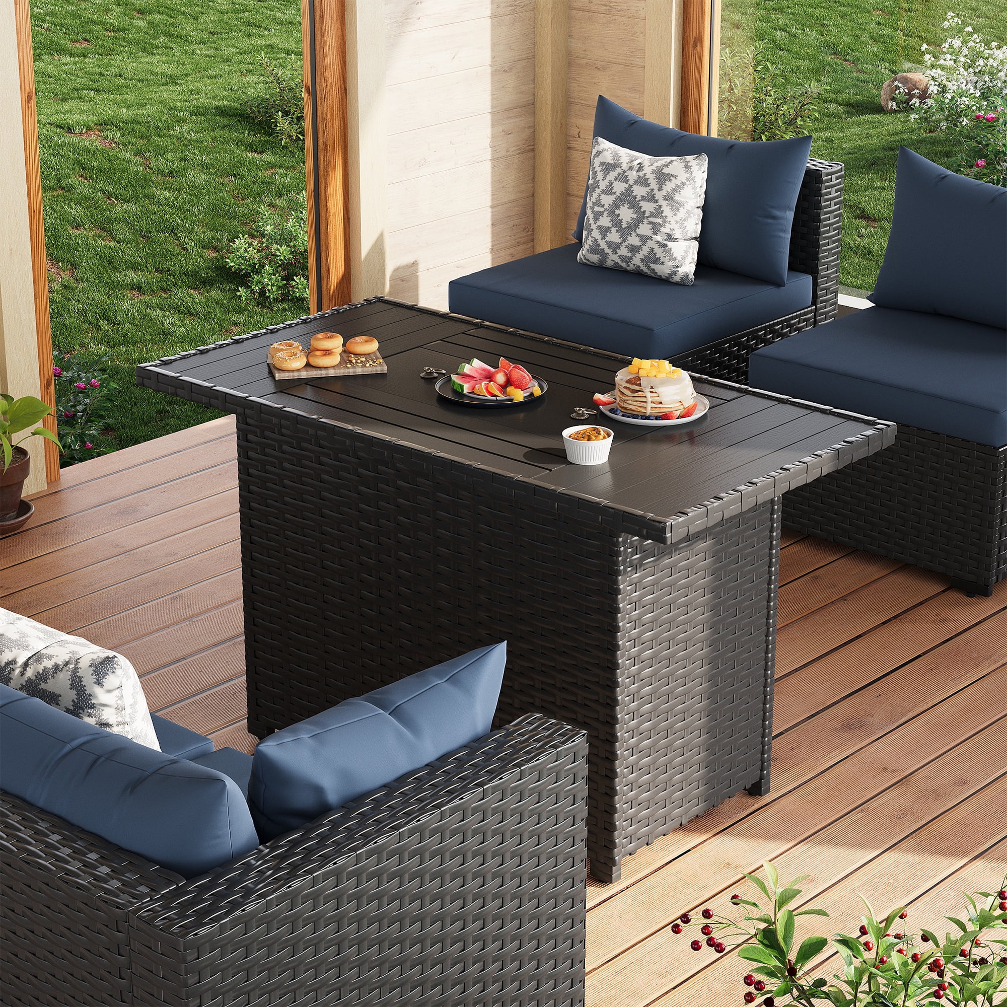 MRUAKA 8 Pieces Patio Furniture Set with Fire Pit Table, Outdoor Furniture Sectional Rattan Sofa, Patio Couch with Glass Coffee Table for Backyard Garden (Navy)