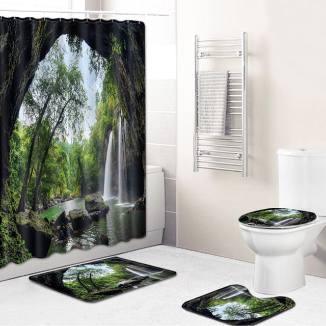 Juego de cortinas de ducha de 4 piezas, paisaje de cascada para ventana con alfombras antideslizantes, tapa de inodoro y alfombrilla de baño, duradero e impermeable, para decoración de baño, 70 x 70