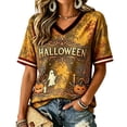 thumbnail image 2 of Halloween Shirts for Women Happy Halloween V Neck Funny Pumpkin Ghost Womens Short Sleeve Tops Vintage Party Tee Tops Yellow XL, 2 of 4