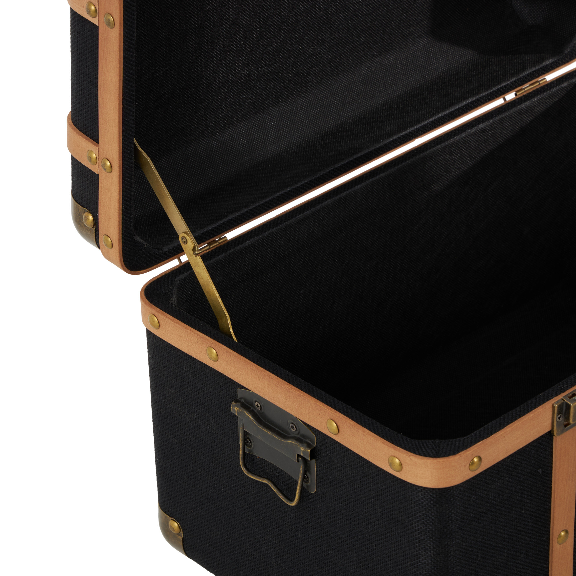 DecMode 22" x 14" Black Fabric Trunk with Brass Metal Latches and Brown Wooden Accents, 3-Pieces