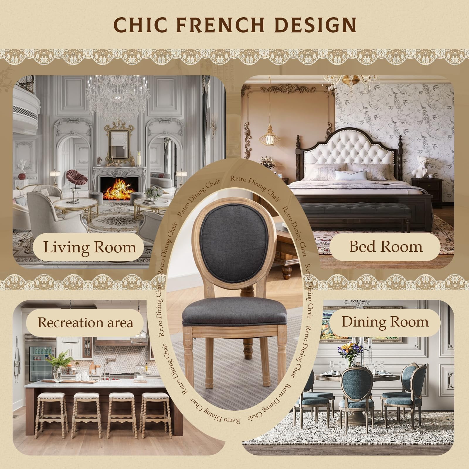 Dining Chairs Set of 2, Vintage Dining Chair with Round Back, Farmhouse Country Dining Chair for Kitchen, Bedroom, Hall
