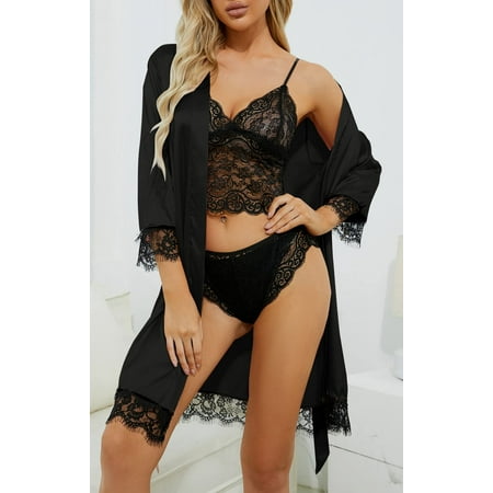 Women s Pajama Sets  Sexy Lingerie for Women  Satin Pajama Set 4Pcs Floral Lace Trim Lingerie Sleepwear with Robe  Women s Exotic Sleepwear & Robe Sets  Black(M)