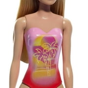 Beach Barbie Doll with Blond Hair Wearing Pink Palm Tree-Print One-Piece Swimsuit
