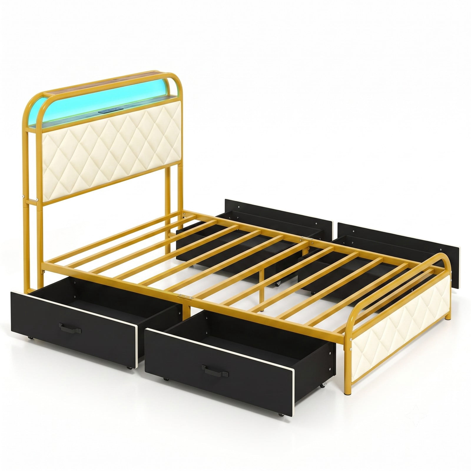 Furnibear Twin Size Metal Bed Frame with LED Lights Charging Station Storage Drawers and Upholstered Headboard for Bedroom, Gold