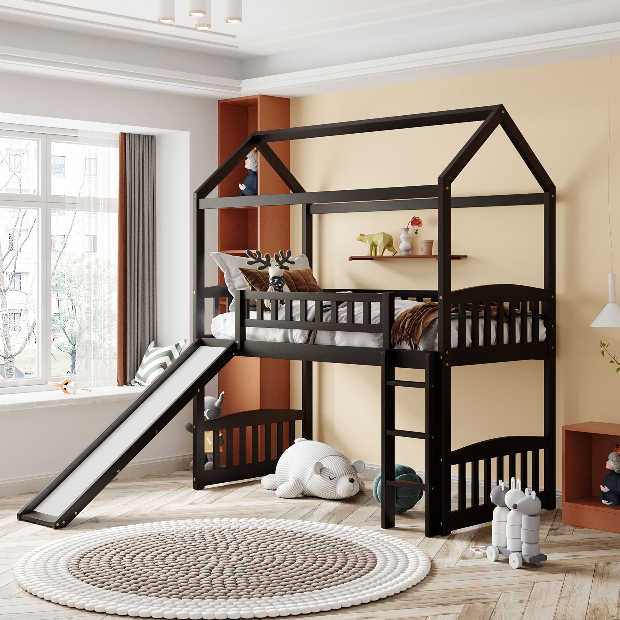Solid Wood House Loft Bed With Slide, How To Assemble Loft Bed With Slide