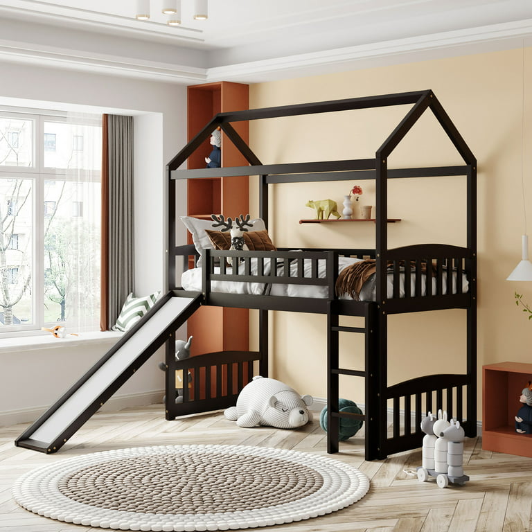 Cityle Twin Loft Bed With Slide For Kids Toddlers, Wood Twin House Loft Bed  With Pitched Roof And Guardrails, Twin Slide Bed For Boys And Girls,  Espresso - Walmart.Com