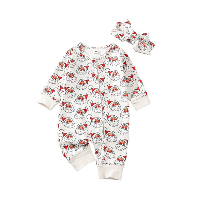 Faithtur Barboteuse Bébé Automne Noël, Imprimé Père Noël Manches Longues Col Rond Combinaison Invisible avec Fermeture Éclair + Bandeau Nœud
