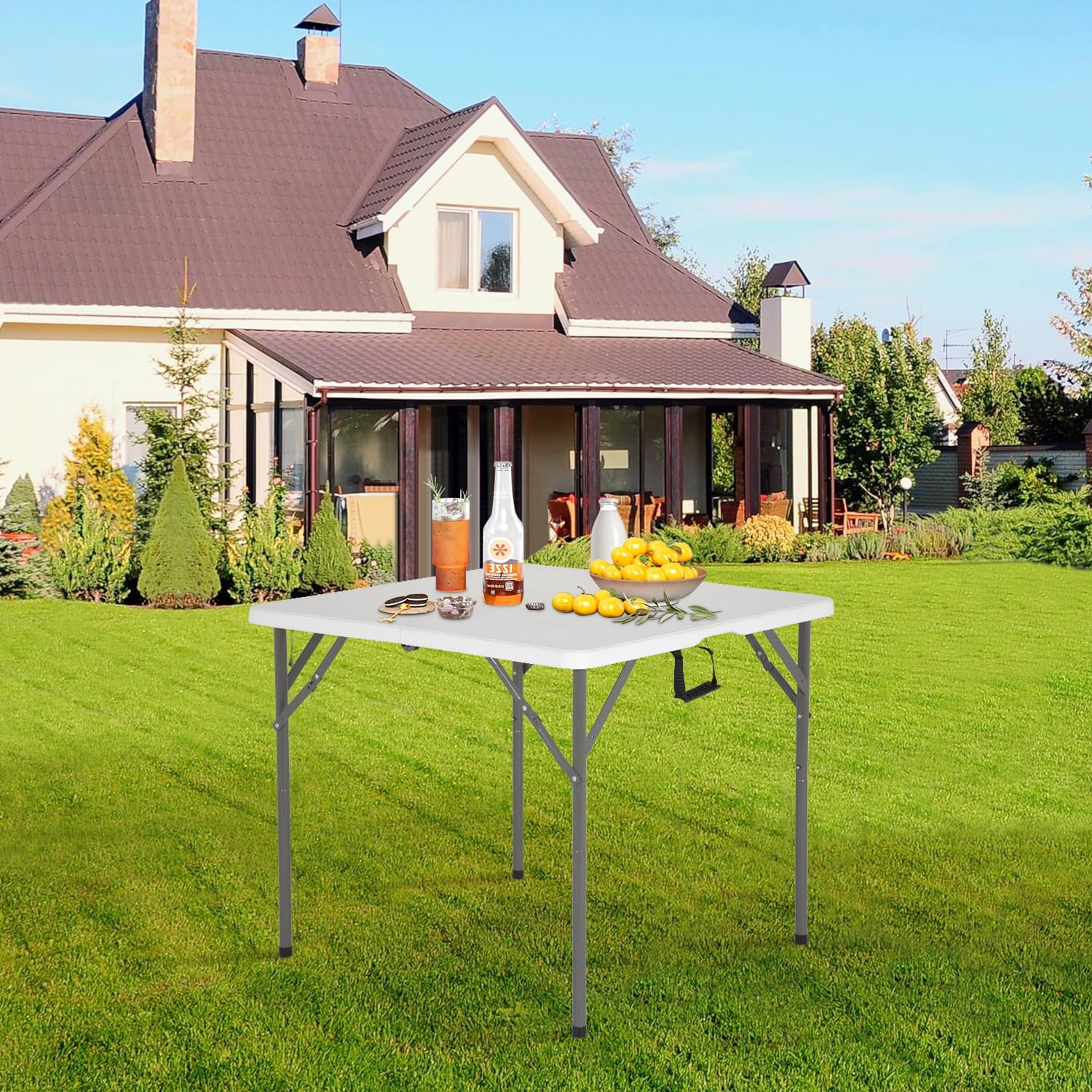 34" Small Folding Table Square Foldable Table Party Table with Handle Plastic Table Mesa Plegable Collapsible Dinning Table for Indoor& Outdoor,Easy to Use and Carry, White
