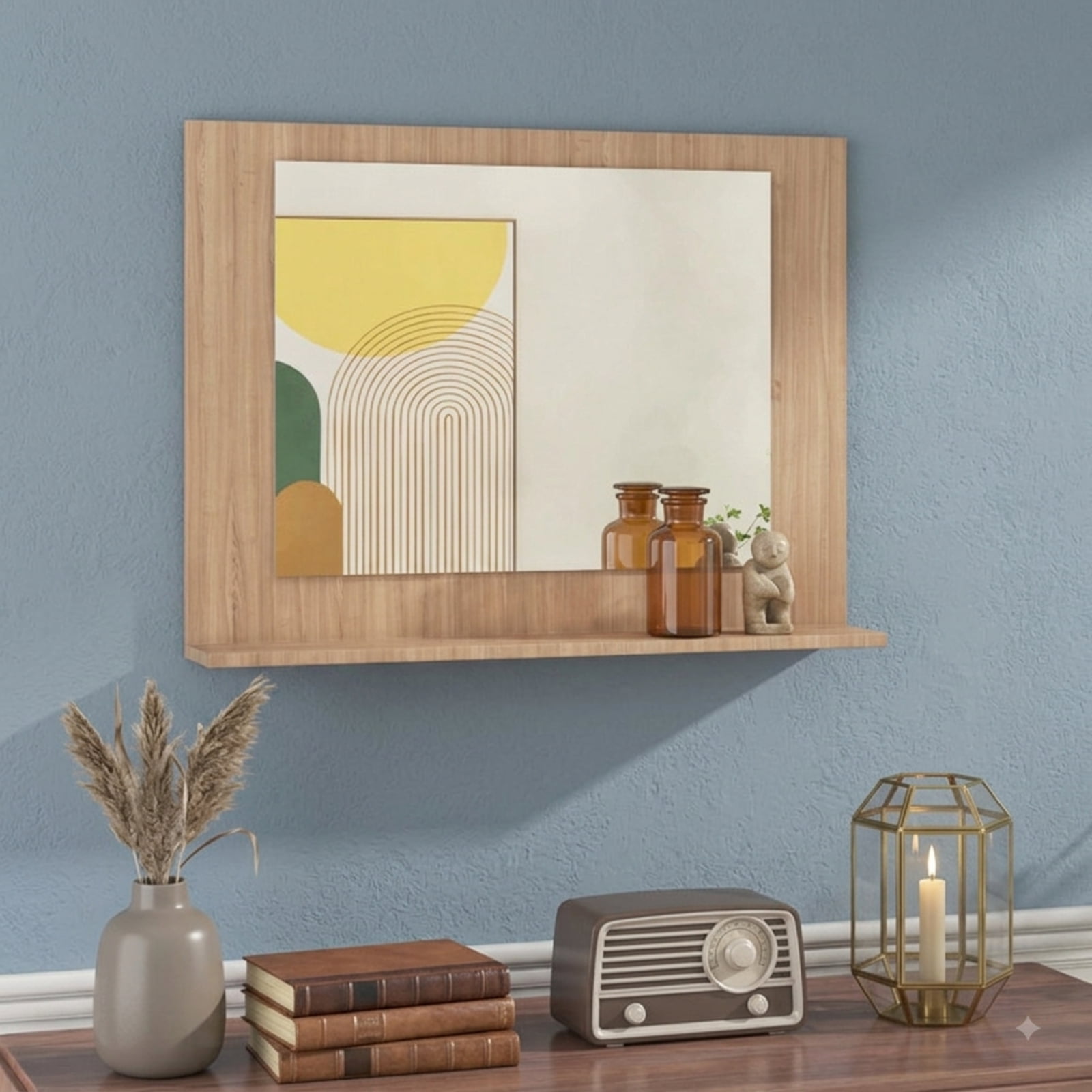 Vebreda Bathroom Wall Mirror, Rectangle Bathroom Mirror with Shelf 23.5 x 17.5 Inch and Wood Frame, Functional Design, Crystal-Clear Reflection