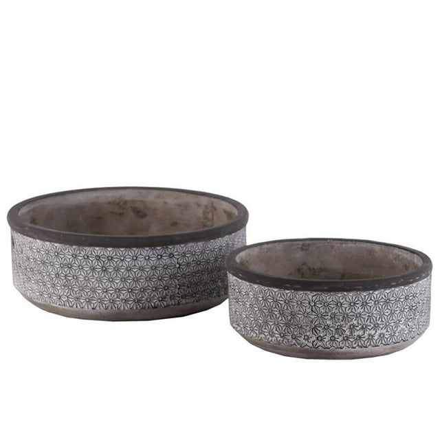 Benjara BM208673 Pot Rond Bas en Ciment avec Motif en Treillis et Base Effilée, Gris - Ensemble de 2