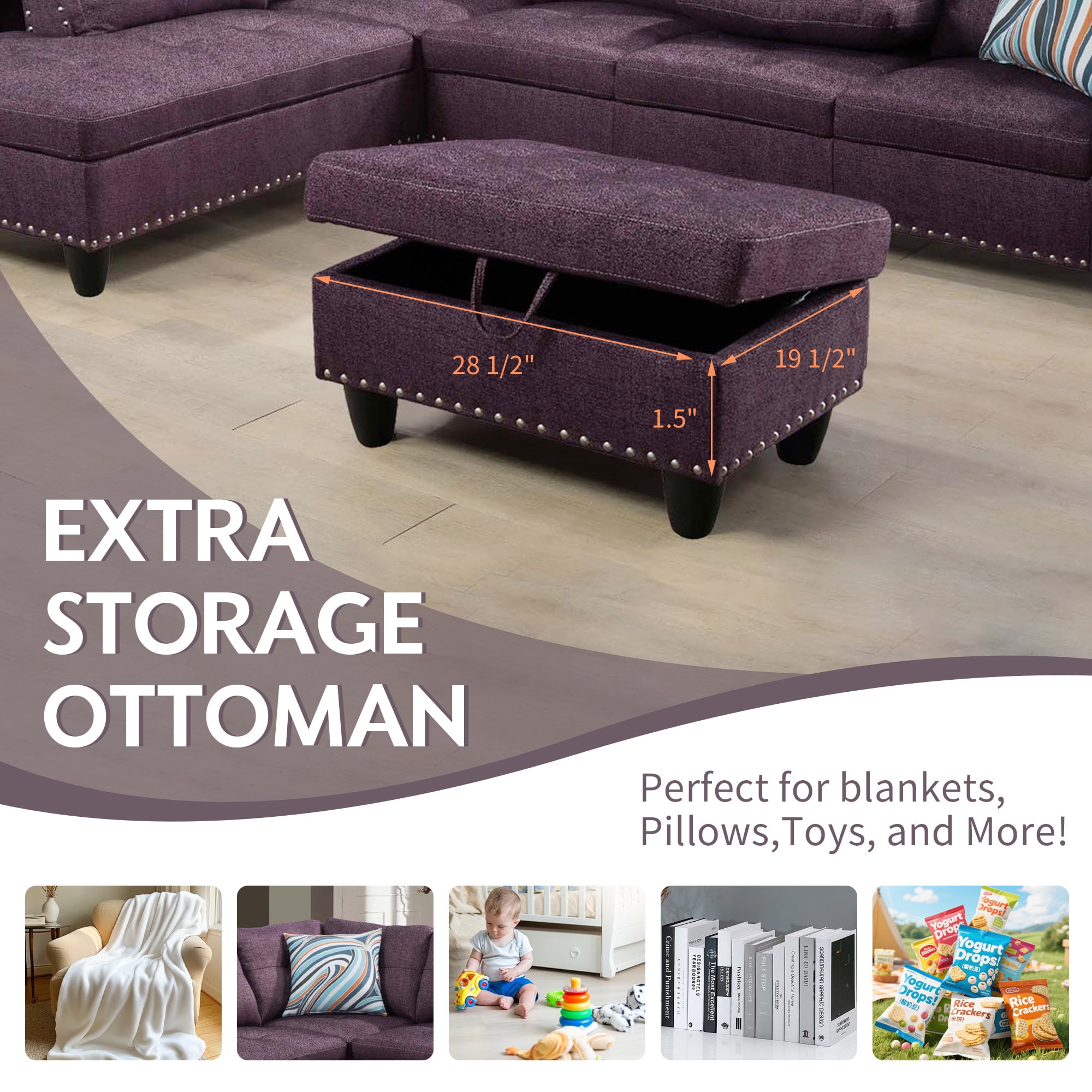 Aukfa 3 Piece Sectional Sofa, Living Room Couch with Storage Ottoman&Cup Holder, Linen, Right Hand, Purple