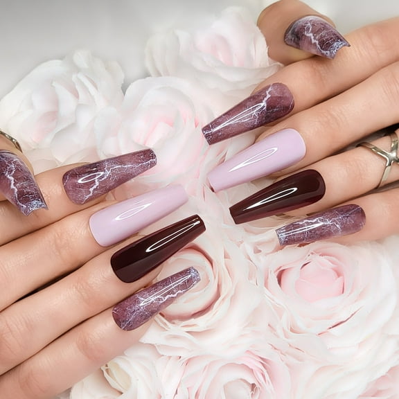 Hypnaughty 24 Pcs Bordeaux Marble Extra Long Coffin Press On Nails and Glue with Light Pink and Solid Bordeaux Reusable XL False Nails