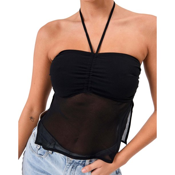 Top De Tirantes De Verano Damas Casual Crop Top Backless Side Slit Spicy Girl Daily Outfit (Negro S) Cgtredaw Para estrenar