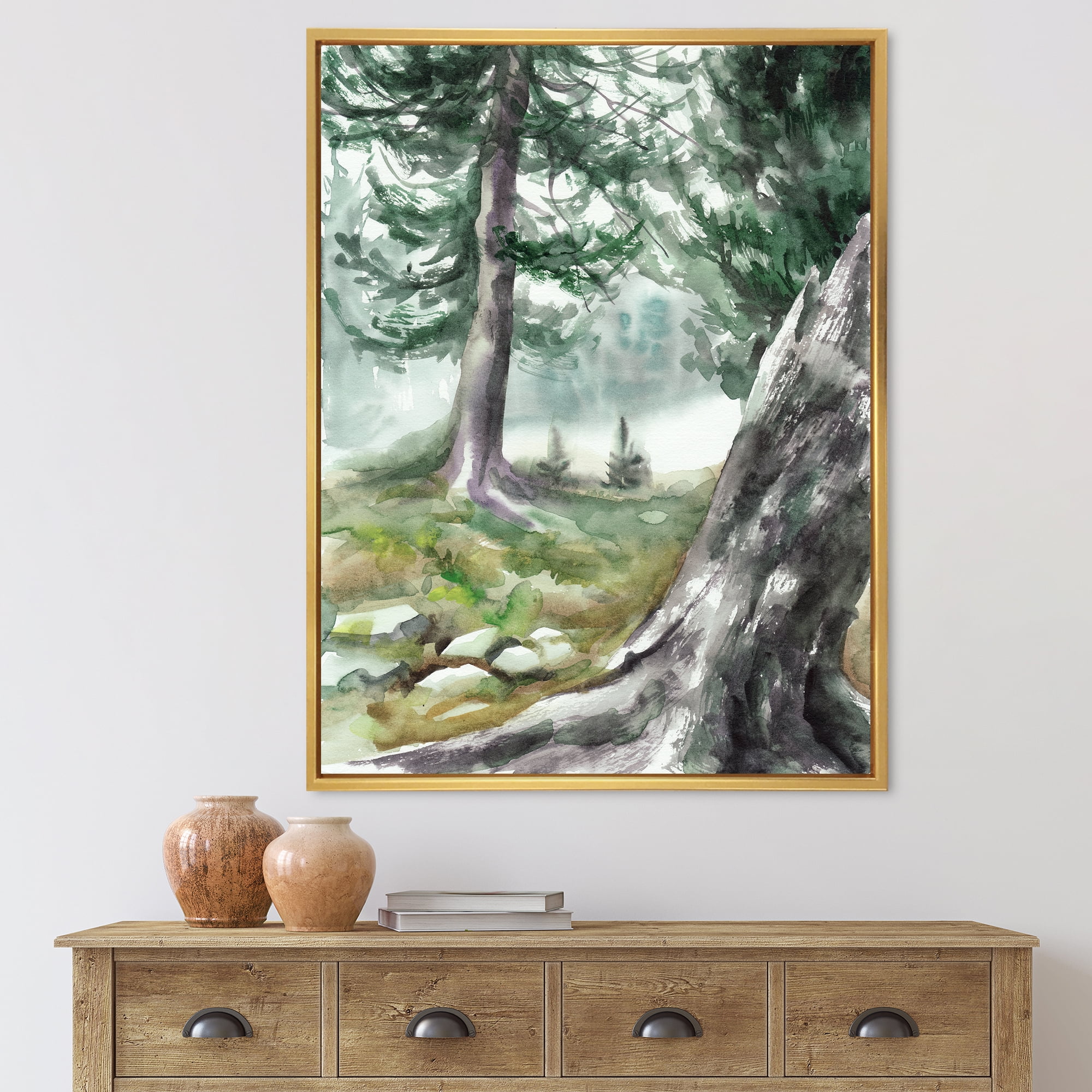 Designart 'Pine Forest In The Early Morning Glow' Lake House Framed Canvas Wall Art Print