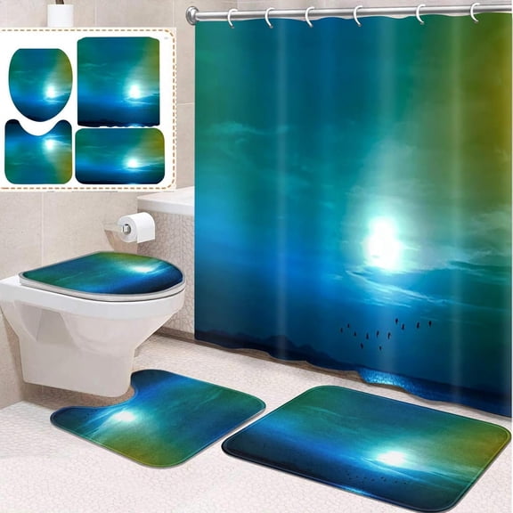 4 Pcs Bathroom Sets with Shower Curtain and Rugs, Tractor Car Construction Sunset, Bathroom Decor Truck Industrial Wheels Side Shower Curtain Sets for Bathroom Decor