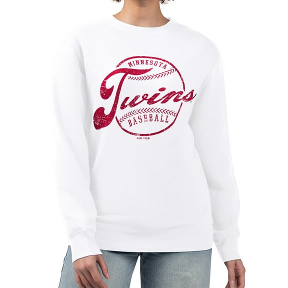 Women's G-III 4Her by Carl Banks White Minnesota Twins Distressed Baseball Team Fleece Pullover Sweatshirt