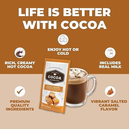 Cocoa Classics Salted Caramel Cocoa Mix, Hot Chocolate, Made with Nonfat Milk, Just Add Hot Water, Make Hot or Iced Cocoa, Gluten Free & Kosher Dairy Friendly, 1.25oz