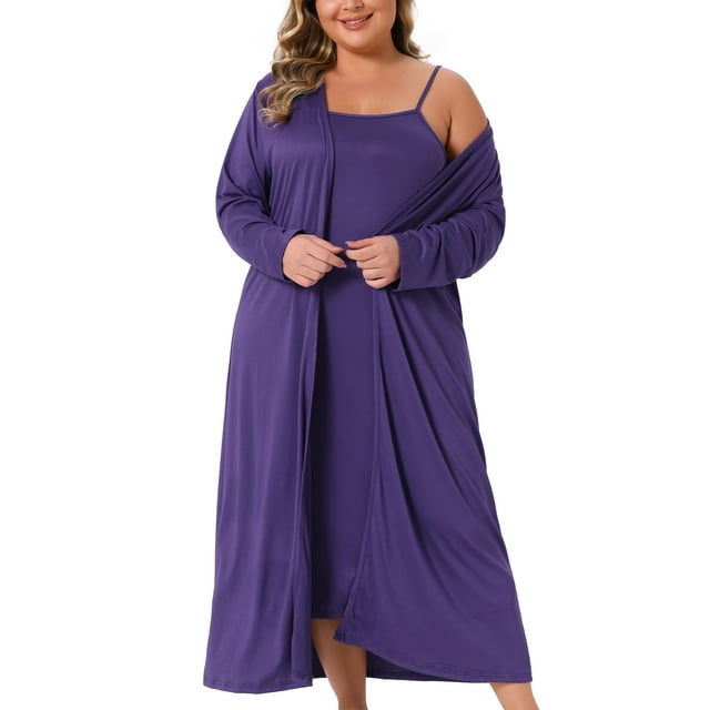 Conjunto de camisón y bata de 2 piezas para mujer Agnes Orinda, talla grande, con tirantes de espagueti, ropa de dormir suave, pijama de longitud completa, 4X, morado