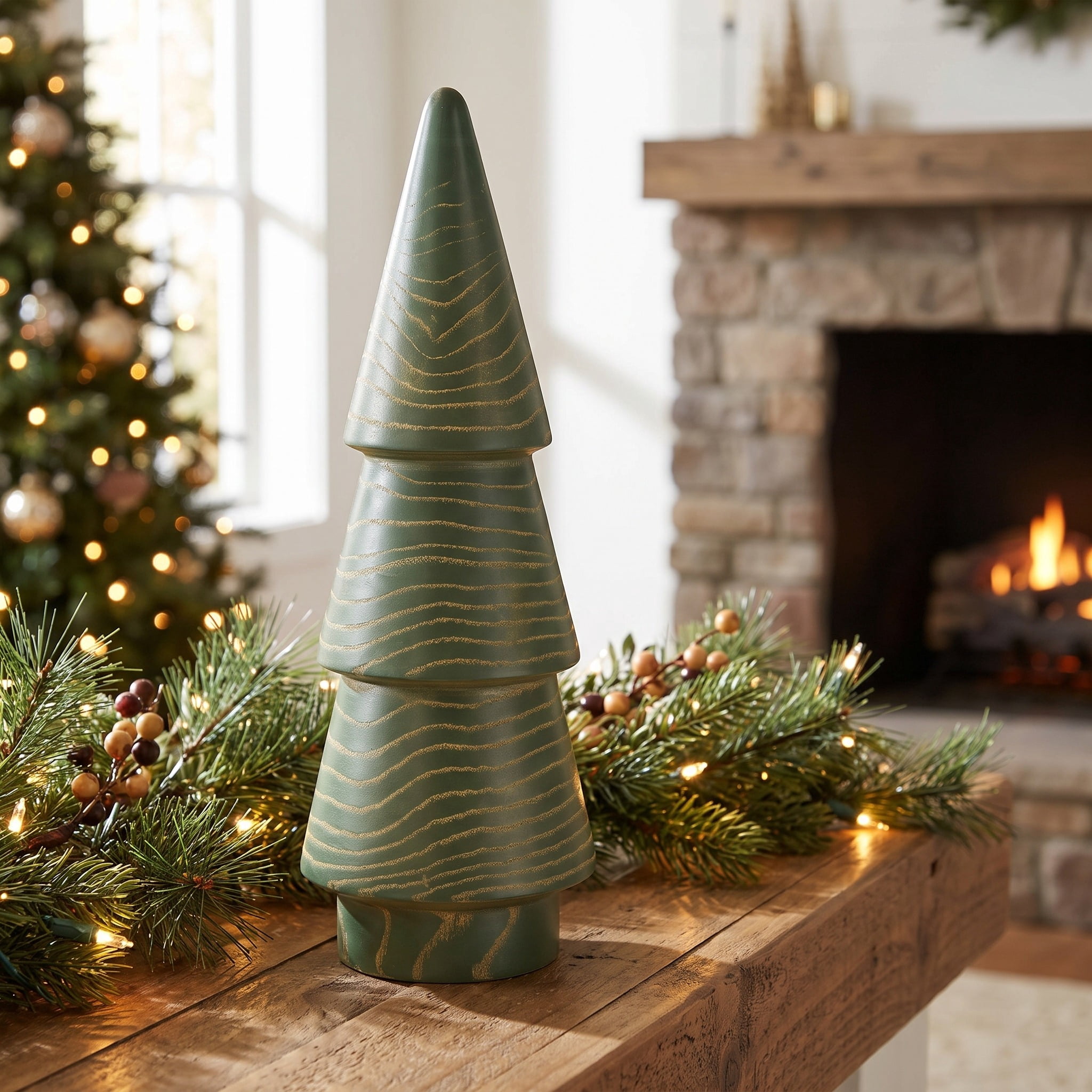 Wooden Christmas Tree Decoration, Green and Gold, 14", by Holiday Time