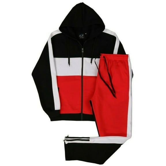 MEN'S JOGGER COLOR BLOCK FLEECE HOODED SWEATSUIT W/DRAWSTINGS