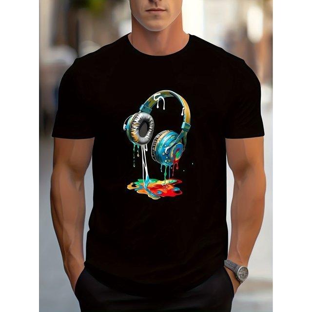 Earphone Printed T-shirt Men's Casual Style Summer And Autumn Slightly Elastic Round Neck T-shirt, Casual Sporty Tee, Summer Gifts