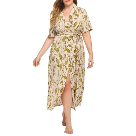 

OWSOO Women Lounger Robes Floral Short Sleeved Plus Size Loose Nightgowns Lounging Dress