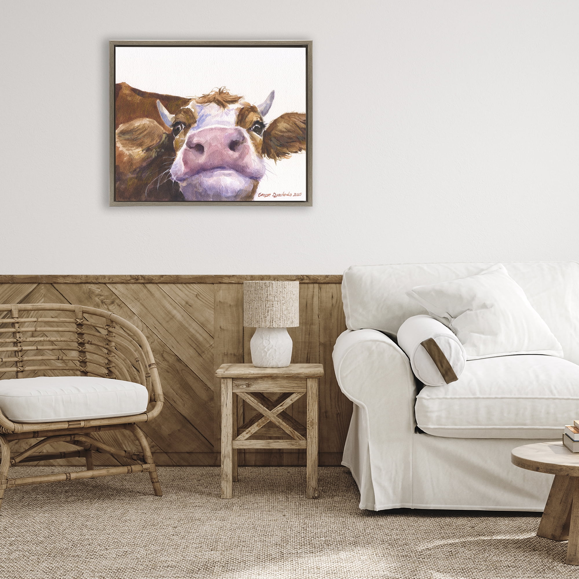 Stupell Industries Cute Cow Close Up Brown Framed Floater Canvas Wall Art, design by George Dyachenko