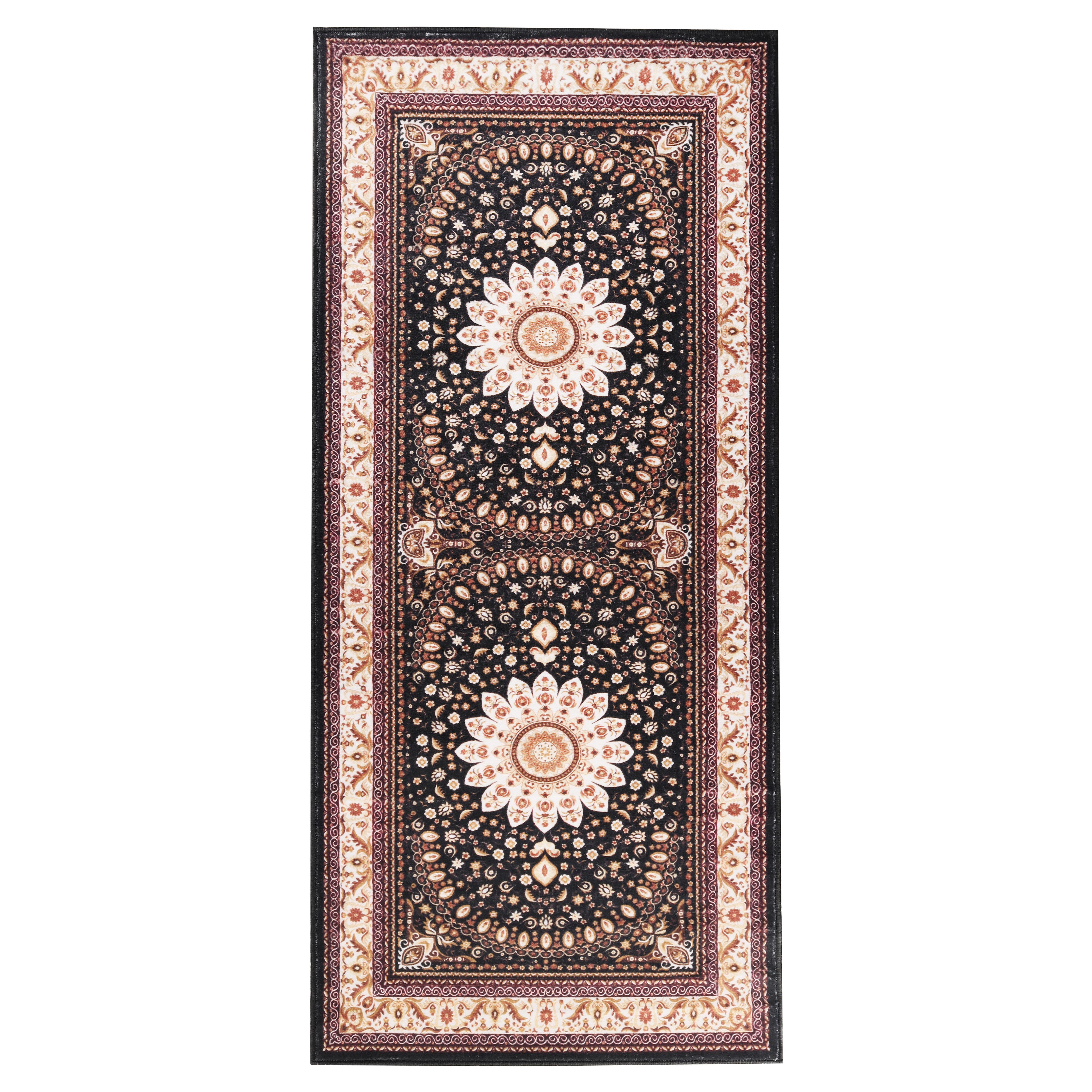 Superior Milan Floral Medallion Washable Indoor Runner Rug, 2' 7" x 6', Black - Ivory