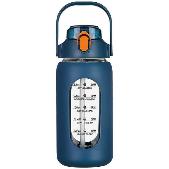 64Oz Glass Water Bottles with Straw, Bottle Silicone Sleeve and Time Marker, for Gym Home Office Navy Blue