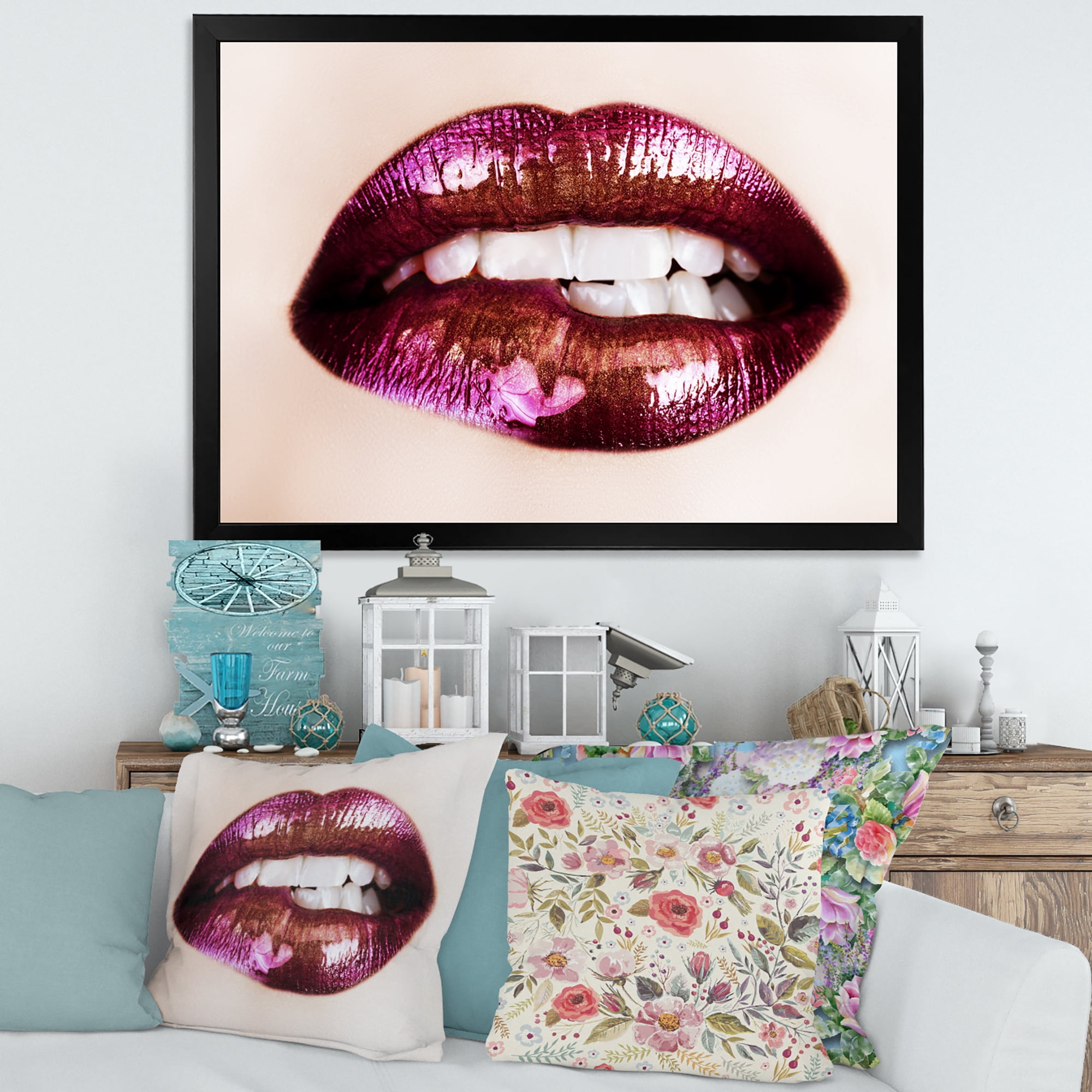 Designart 'Close-Up Of Purple Female Lips' Modern Framed Art Print