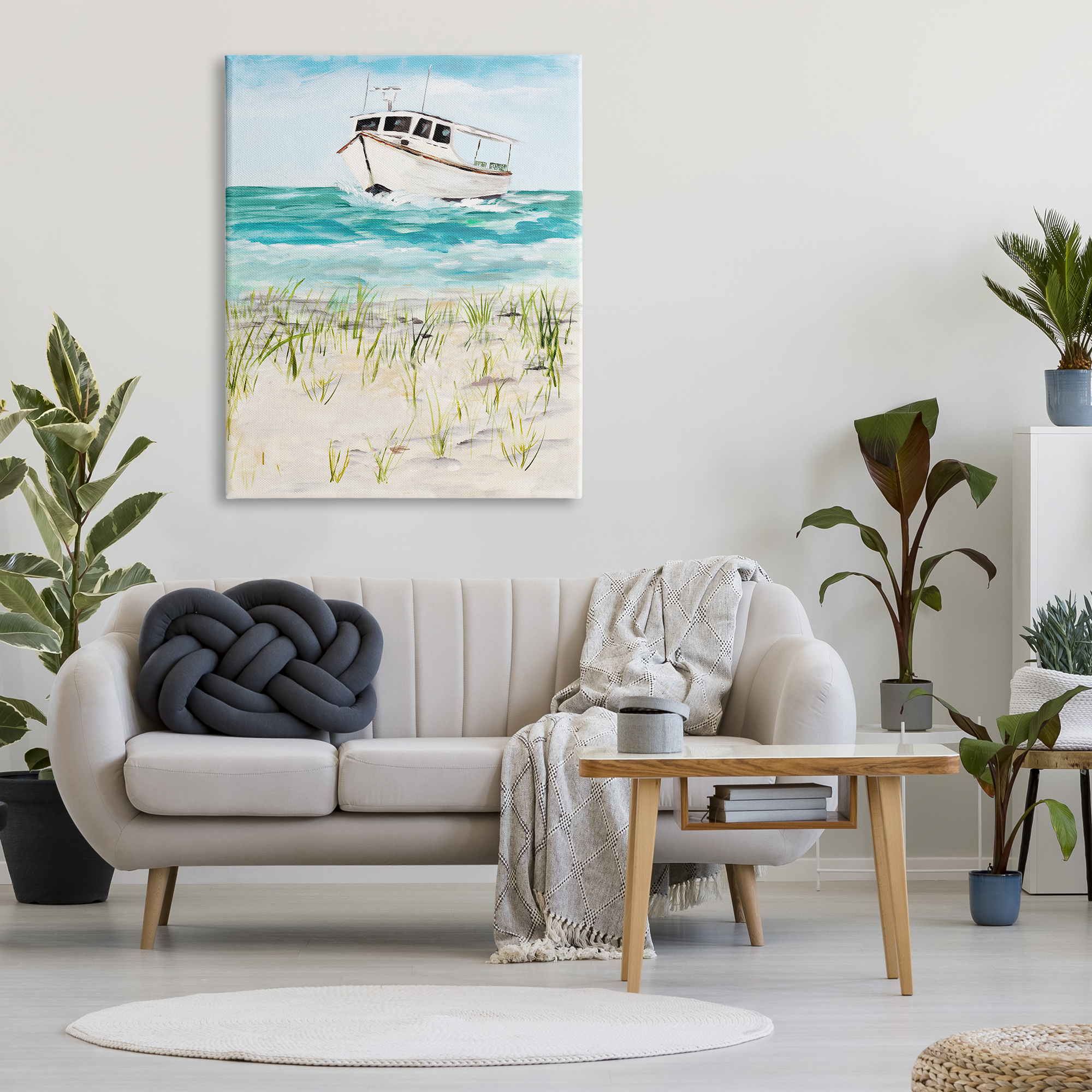 Stupell Industries Nautical Boat by Coast Grassy Beach Landscape Nature Painting Gallery Wrapped Canvas Print Wall Art, 36 x 48