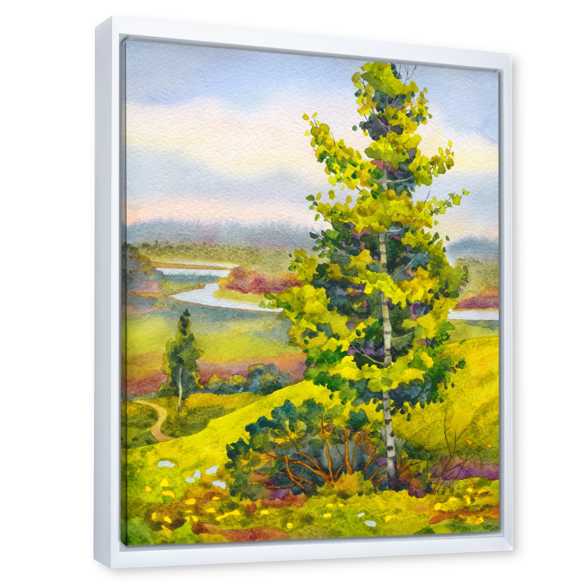 Designart 'Colorful Young Orange Betulas Along Bank Of Calm Bay' Lake House Framed Canvas Wall Art Print