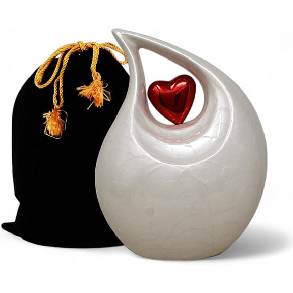 Pearl White Teardrop Cremation Urn for Human Ashes – Adult 10.5" Memorial Urn with Red Heart Accent, 2.5L Capacity, Stain-Resistant Funeral Urn for Loved One