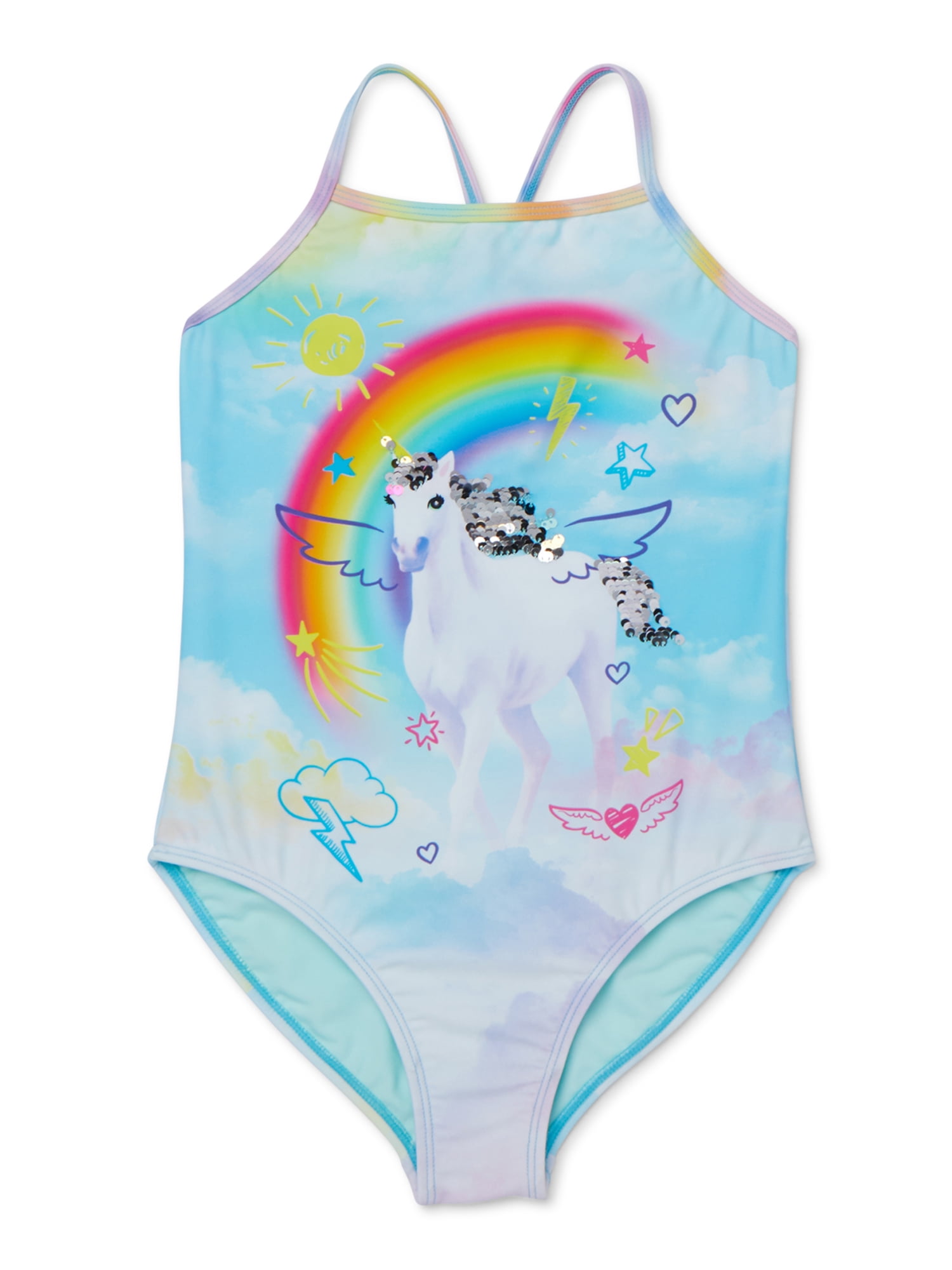 AMMENGBEI 4-12 Years Girls One Piece Swimsuit Rainbow Unicorn Swimwear Kids Beach Bathing Suit
