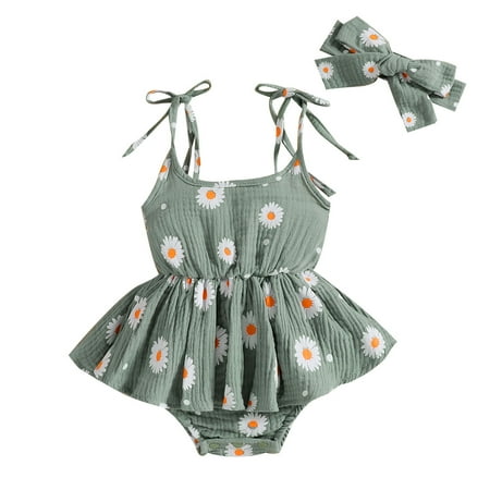 

Jdefeg Baby Girl Dresses 12-18 Months Girls Sleeveless Floral Printed Ruffles Romper Bodysuits Headbands Outfits 24 Month Shorts Cotton Blend Green 80