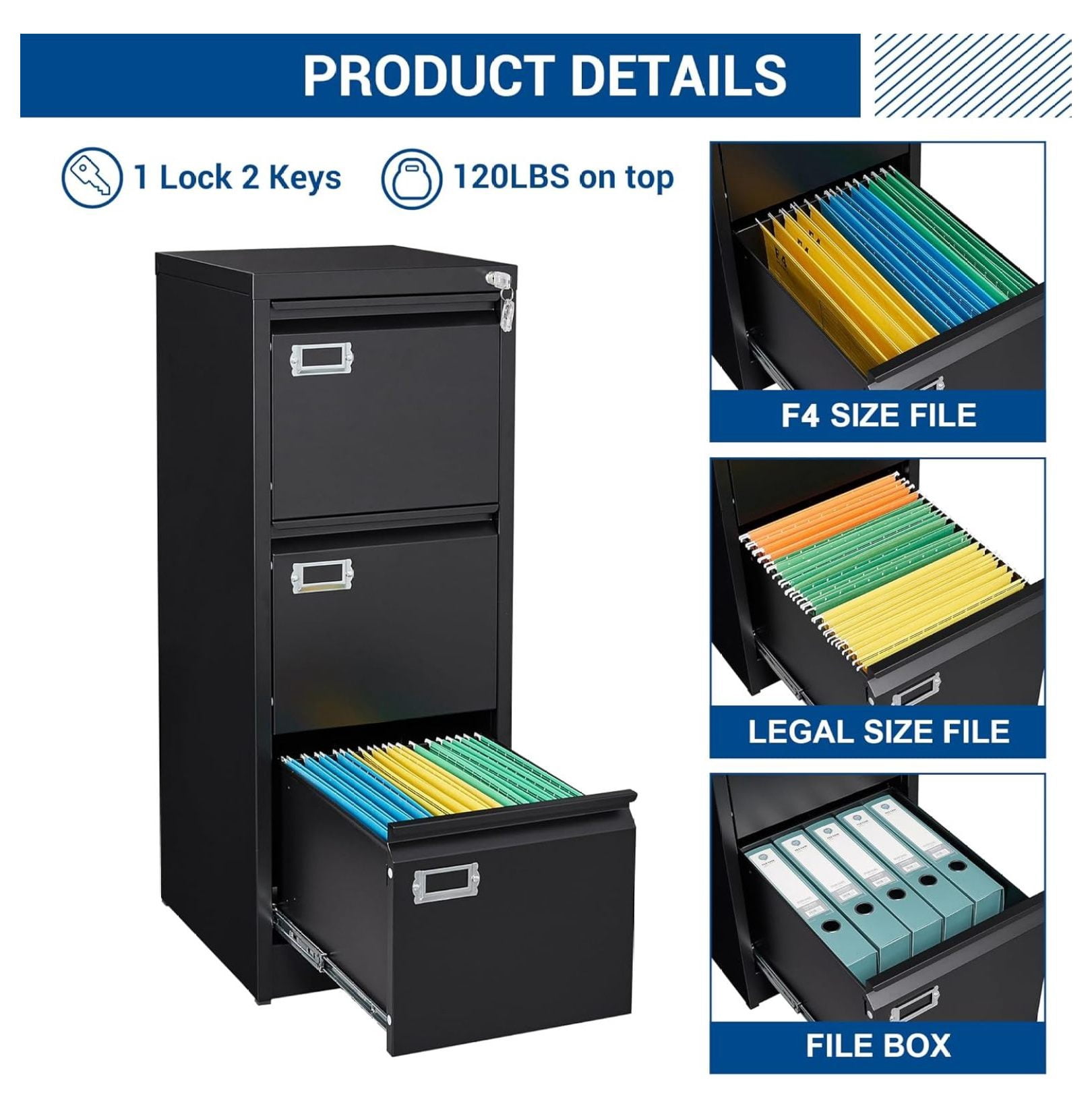 Vertical File Cabinets - 3 Drawers 17.8" Deep Lockable Filing Cabinet - Metal Storage Cabinets for Home Office to Hanging Files Letter/Legal/F4/A4 Size 3 Drawres Black