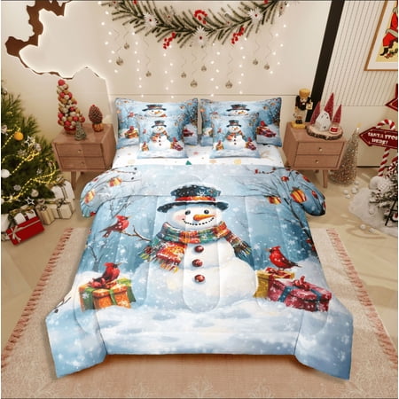 Castle Fairy Kids Cardinal Bird 7-Piece Twin Bedding Sets Christmas Snowman Bedding Comforter Set Festival Xmas Breathable Sheet Sets Microfiber Bedroom Decor