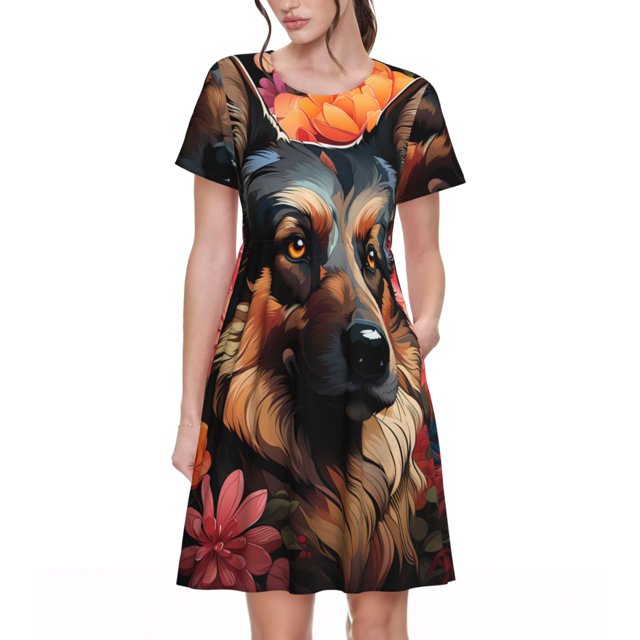 Balery Colorful Flower German Shepherd Vestidos sueltos de manga corta para mujer, vestidos de verano 2025, vestidos casuales de corte A con vuelo.