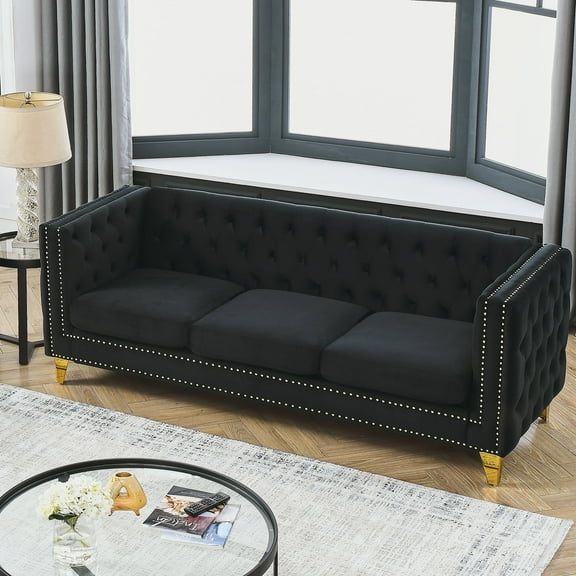 Newboti Furniture {Contact us for 3D modeling} Velvet Sofa for Living Room,Buttons Tufted Square Arm Couch, Modern Couch Upholstered Button and Metal Legs, Sofa Couch for Bedroom, Black Velvet 23167