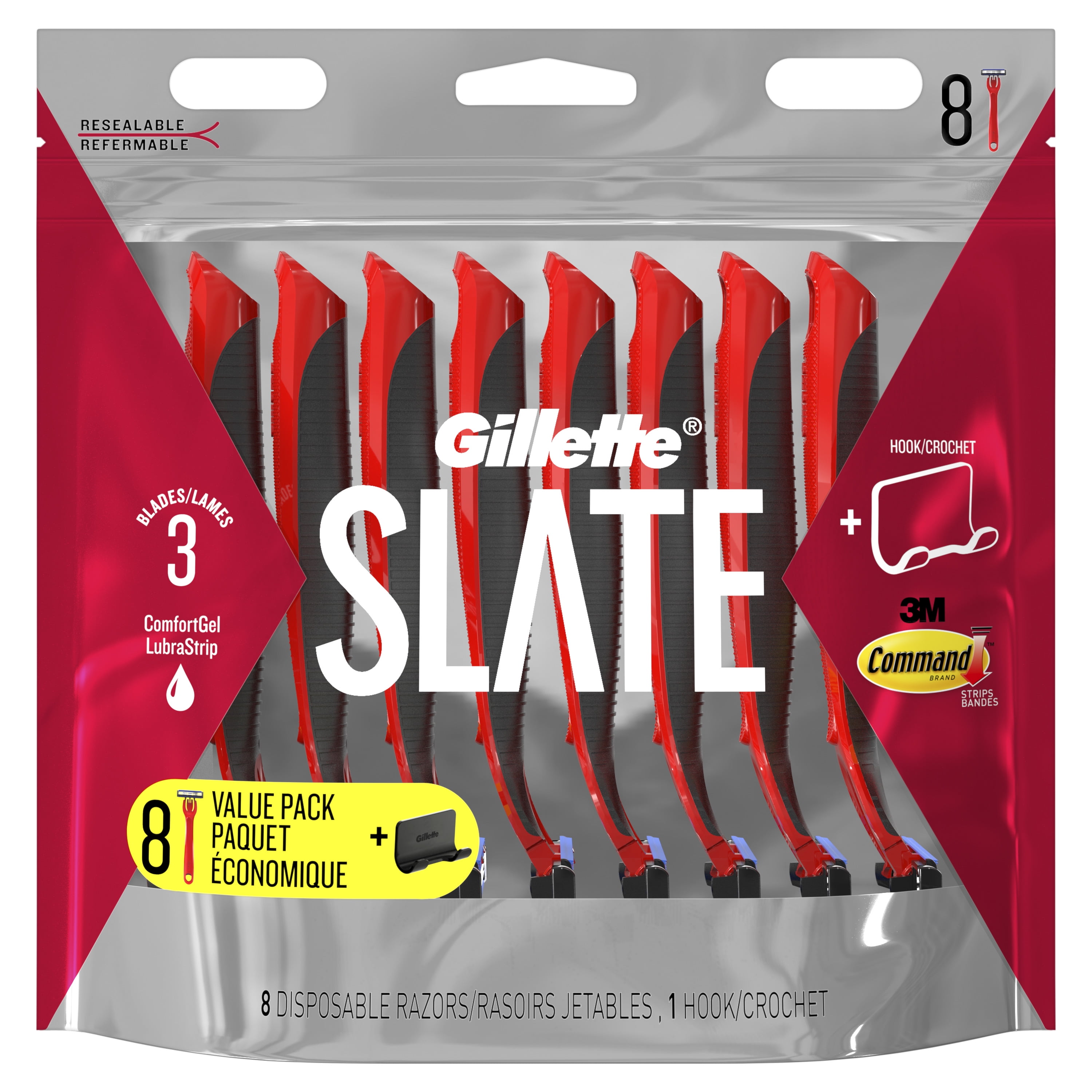 Slate by Gillette 3 Blade Men's Disposable Razor, 8 ct includes hook