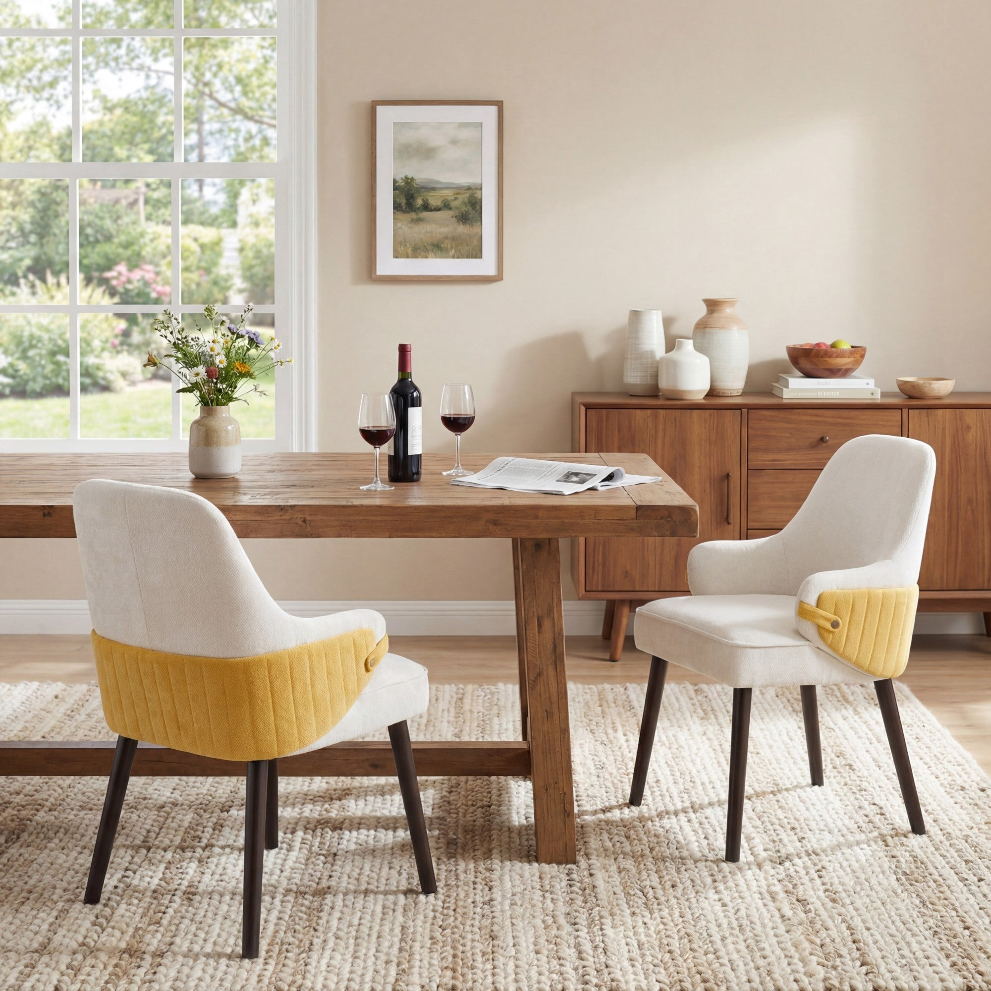 Sailvan Dining Chair Set of 2,Two-Tone Fabric Armchair with Sturdy Wood Frame,Modern Accent Chairs for Dining Room,300lbs Beige&Yellow