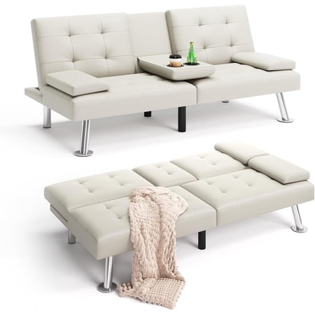 Futon, Faux Lether Futon Couch Bed, Comfy Modern Black Futon Bed, Folding Recliner Sleeper Sofa with Adjustable Backrest, for Small Rooms, RV, Guest Room, White