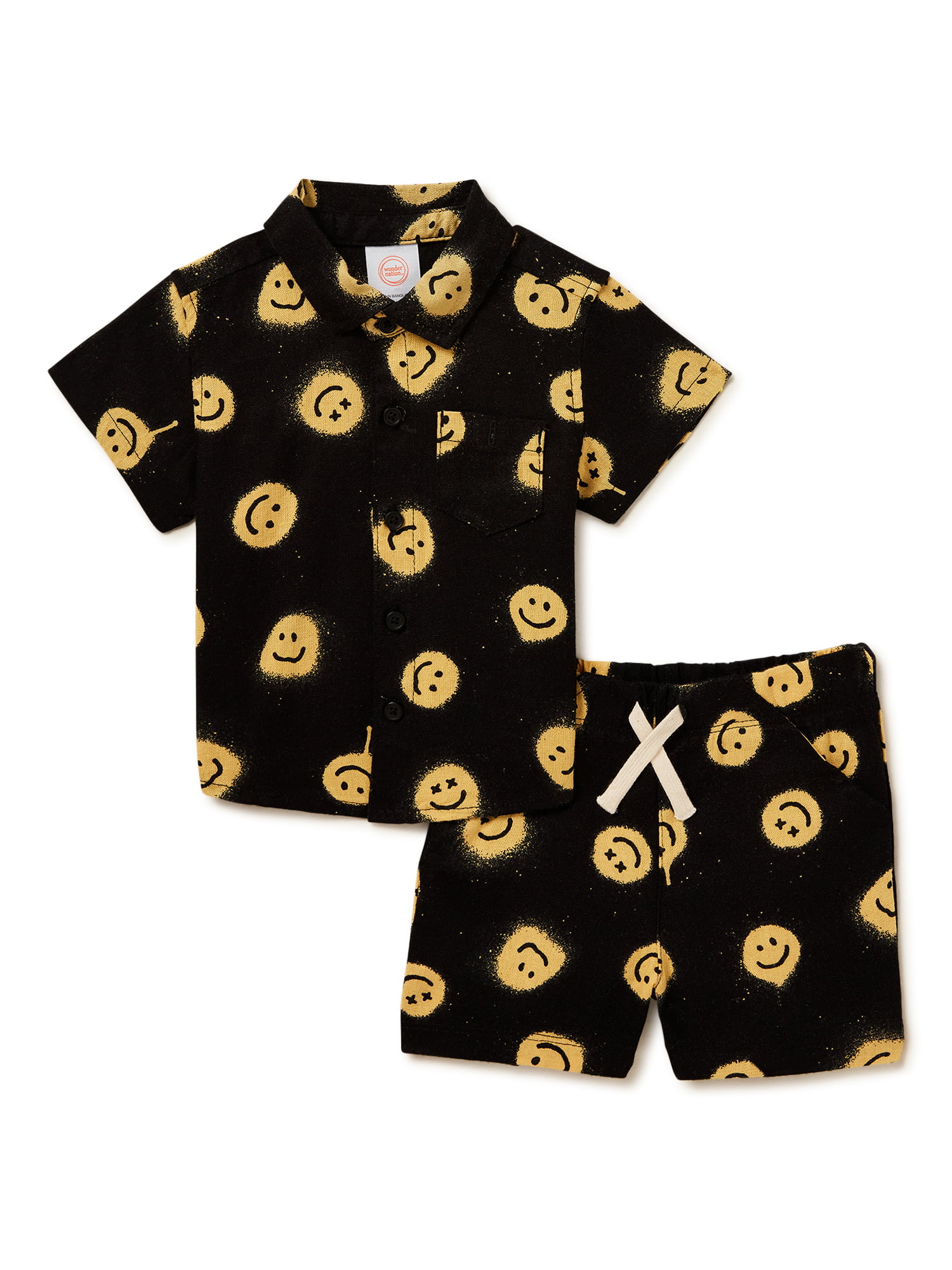 Wonder Nation Baby Boys Smiley Button Down Shirt and Shorts, 2-Piece Resort Set, Sizes 0-24 Months